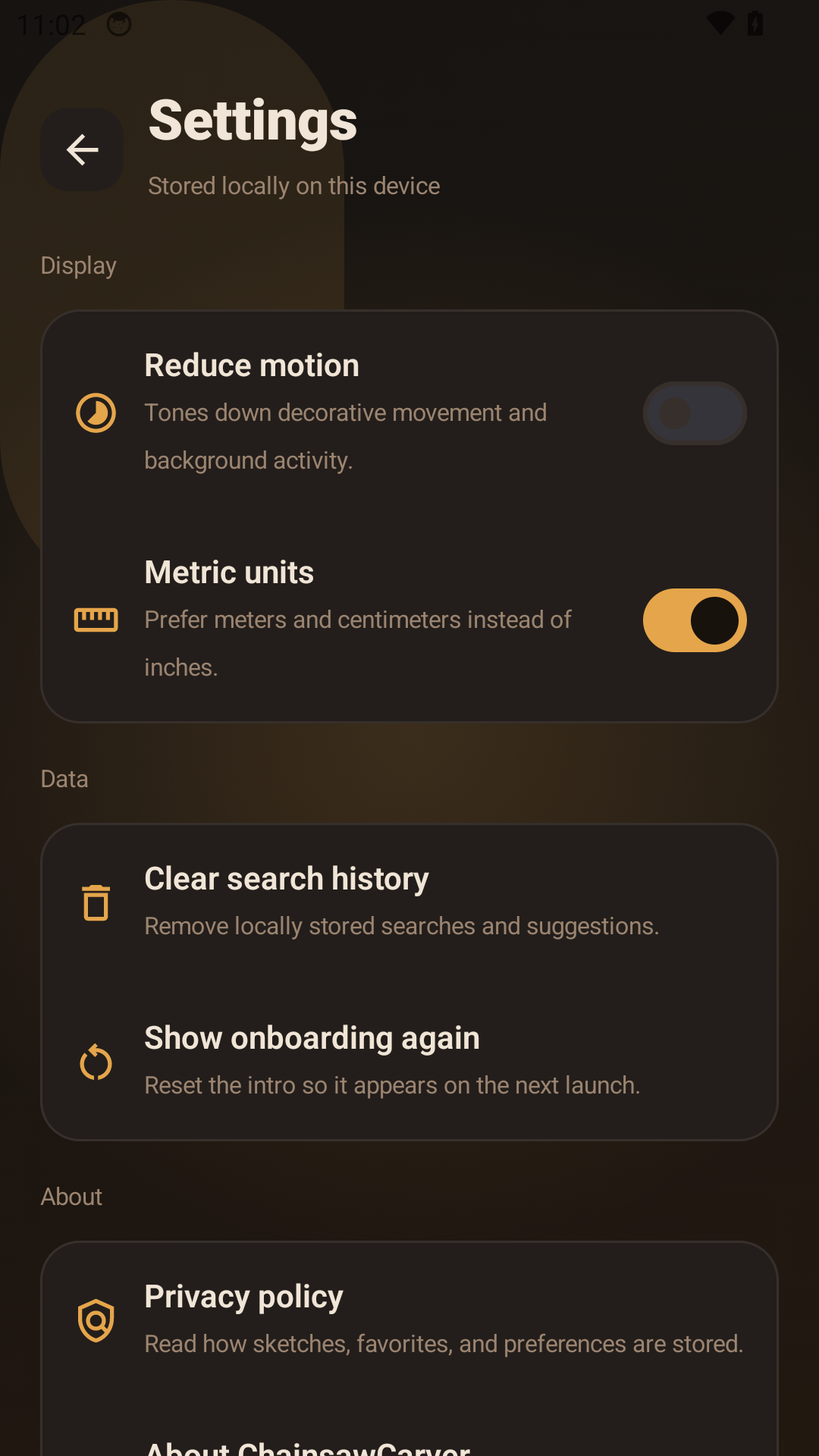 Chainsaw Carver settings screen